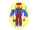 Master for an hour. Serviceman. Repairman and tools on a yellow background. Cartoon. Illustration. Royalty Free Stock Photo